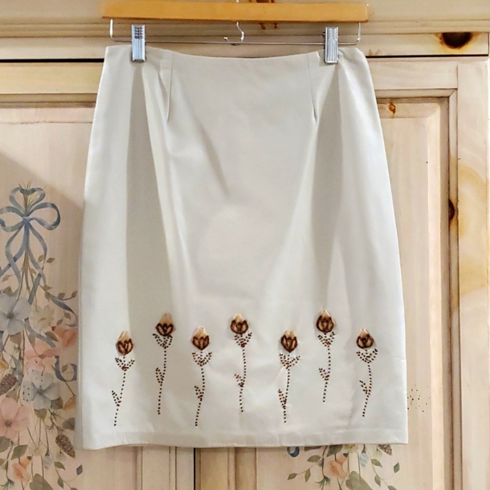 Leather Skirt Beaded Flowers S Taupe